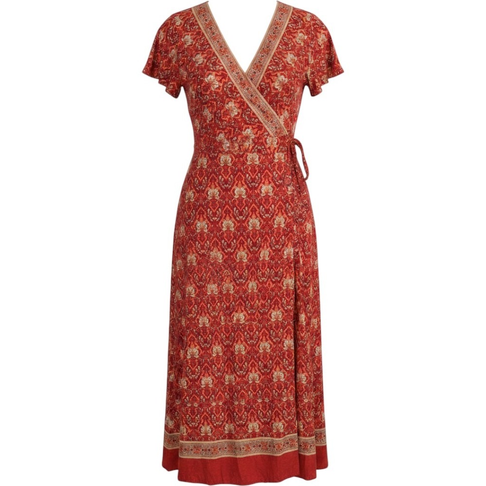 PRETTYGARDEN Red Paisley Floral Wrap Maxi Dress Short Sleeve Boho Viscose Size M